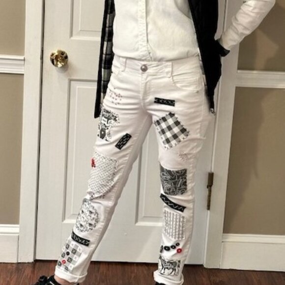 Democracy White Jeans Sz 6 Upcycled OOAK Mixed Media Boho Style Patchwork Pants - Picture 2 of 9